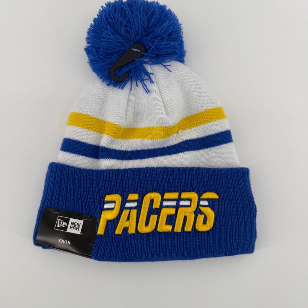 New Era Indiana Pacers NBA Youth Cuffed Pom Beanie Blue Gold White Striped Hat
